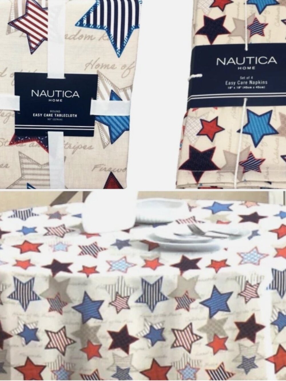 5pc Nautica Patriotic Stars Freedom Tablecloth 90"R and 4 Napkin Set 4th of July